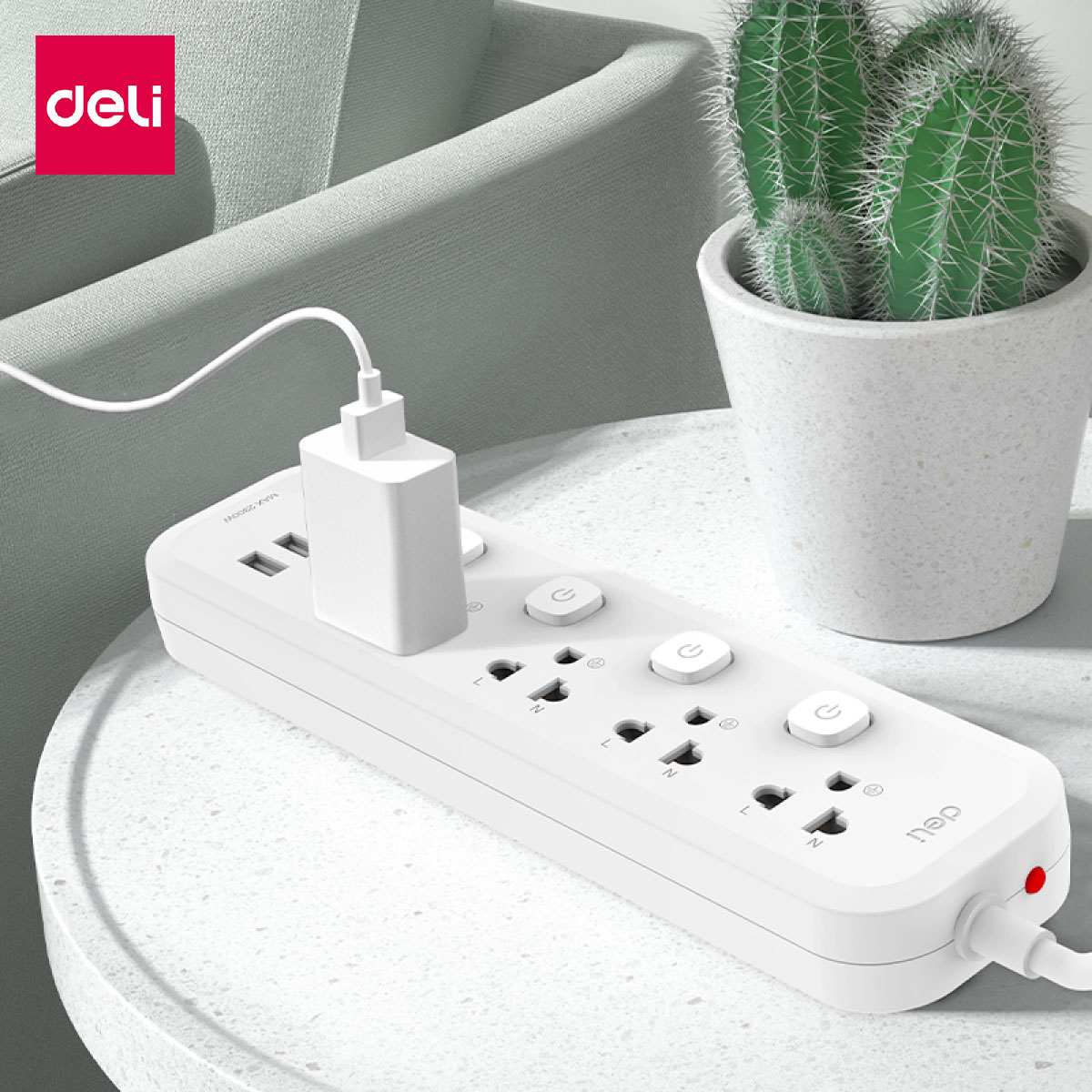รางปลั๊กไฟ 4ช่อง 2USB 1TypeC Deli CT477-WH-01 ความยาวสาย 3 เมตร สีขาว_10